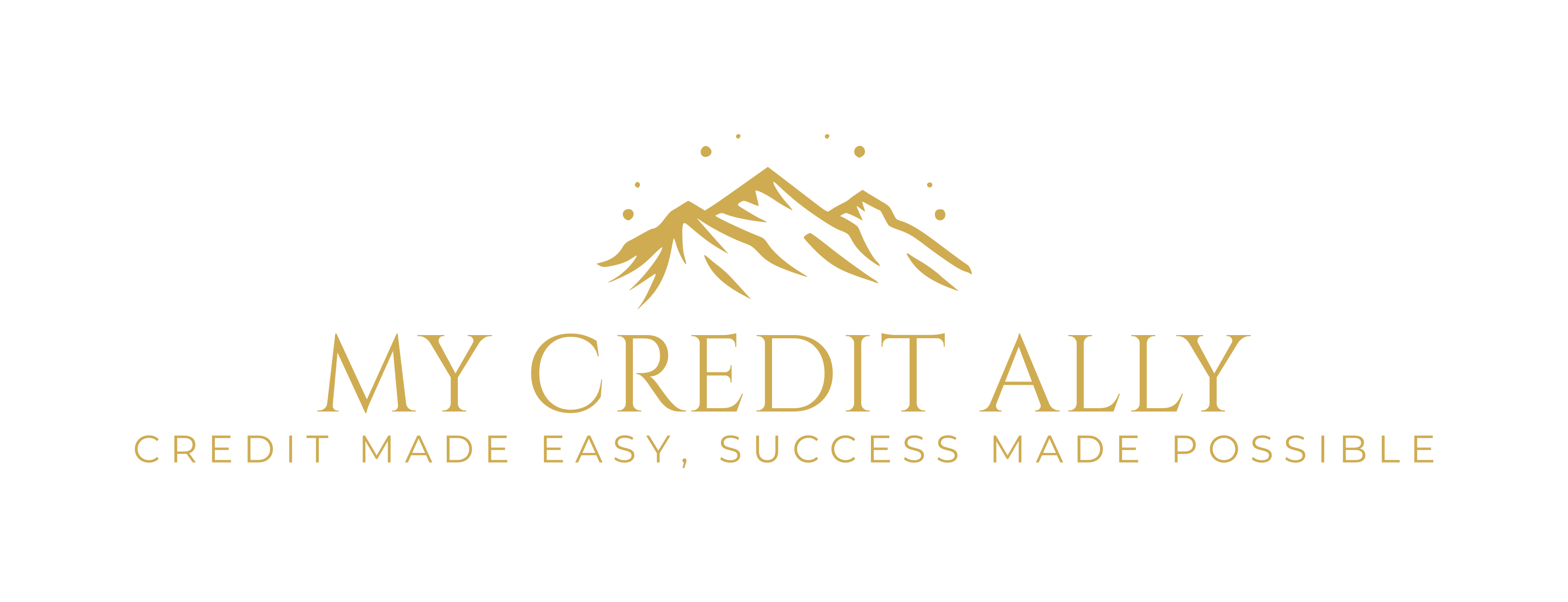 Gold mountain logo with stars above “My Credit Ally” in bold serif text and the tagline “Credit Made Easy, Success Made Possible.